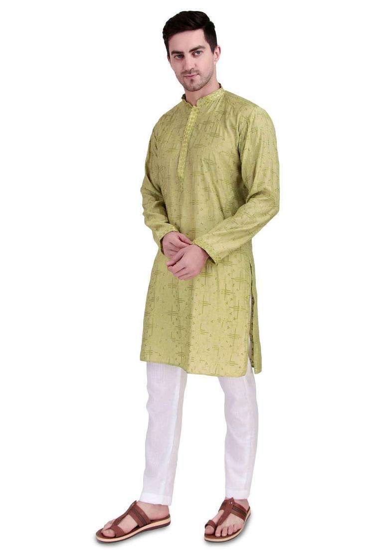 Lime Green Embroidered Cotton Kurta Set For Men - Indya