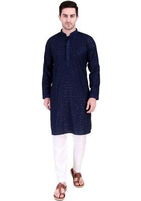 Navy Blue Embroidered Cotton Kurta Set For Men