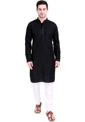 Black Embroidered Cotton Kurta Set For Men