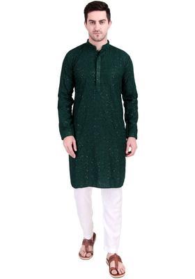 Green Embroidered Cotton Kurta Set For Men