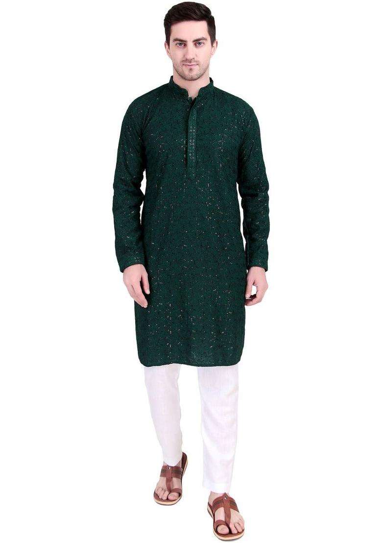 Green Embroidered Cotton Kurta Set For Men - Indya