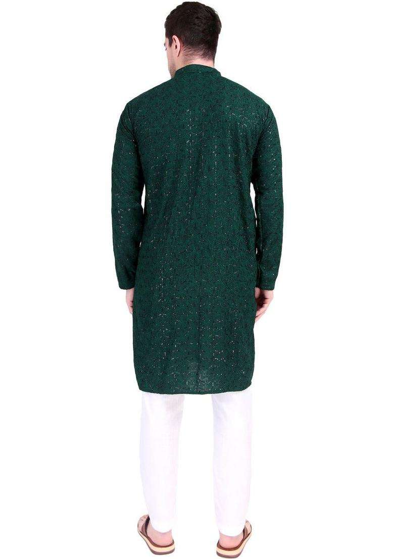 Green Embroidered Cotton Kurta Set For Men - Indya