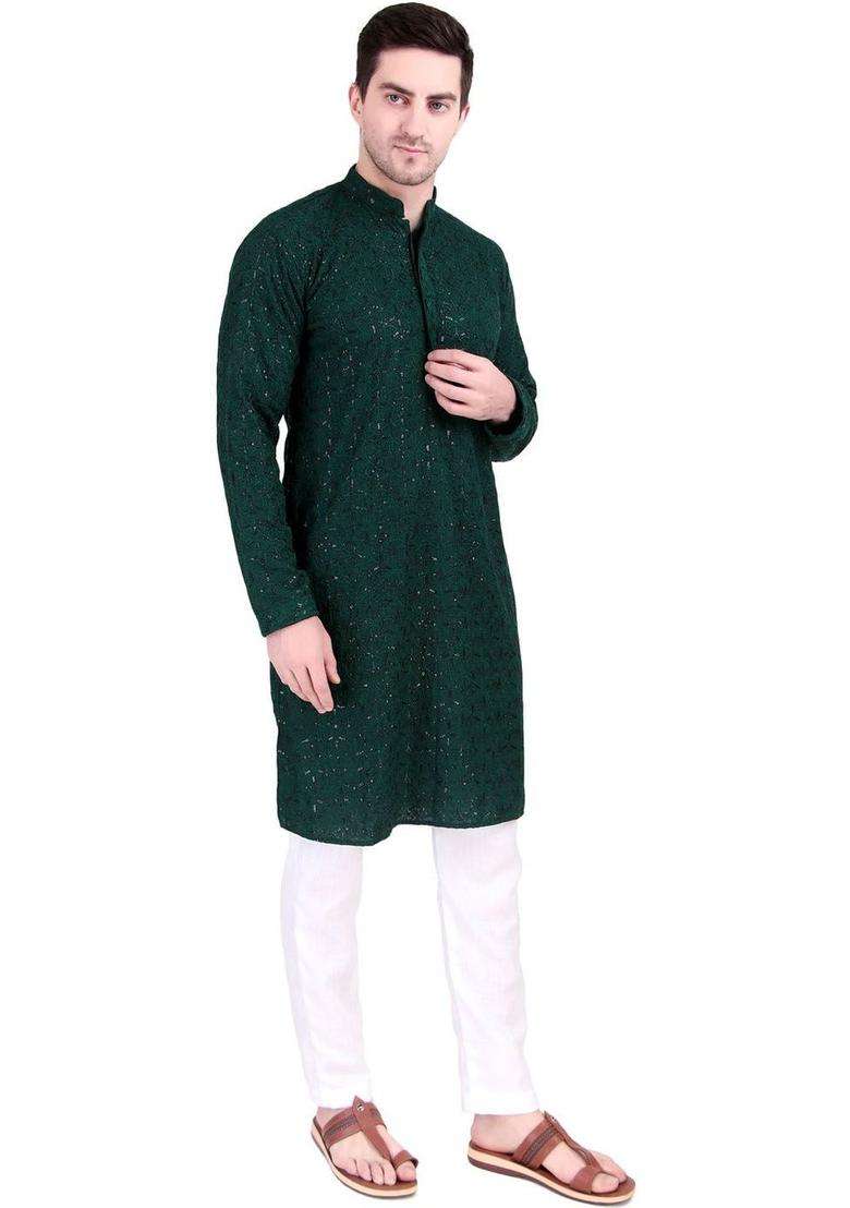 Green Embroidered Cotton Kurta Set For Men - Indya