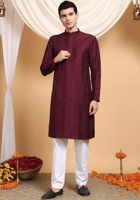 Maroon Woven Design Viscose Kurta Set For Men
