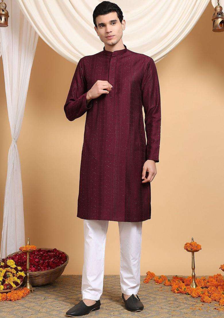 Maroon Woven Design Viscose Kurta Set For Men - Indya