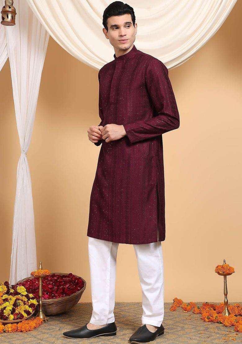Maroon Woven Design Viscose Kurta Set For Men - Indya