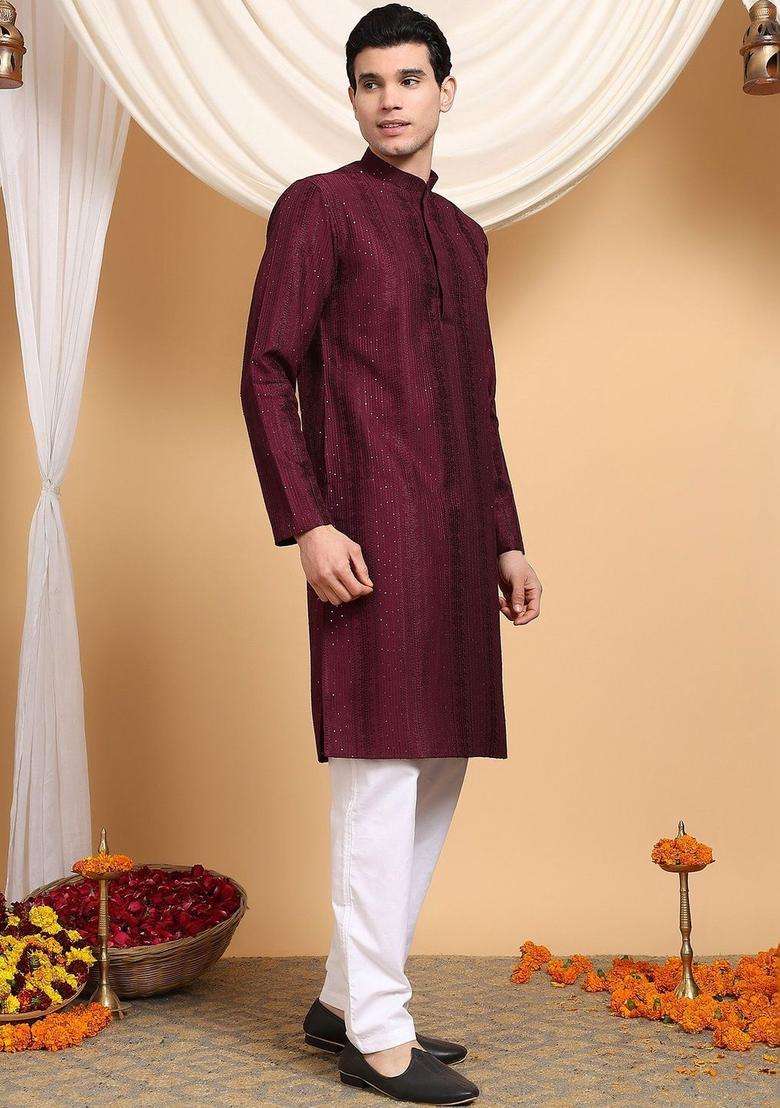 Maroon Woven Design Viscose Kurta Set For Men - Indya