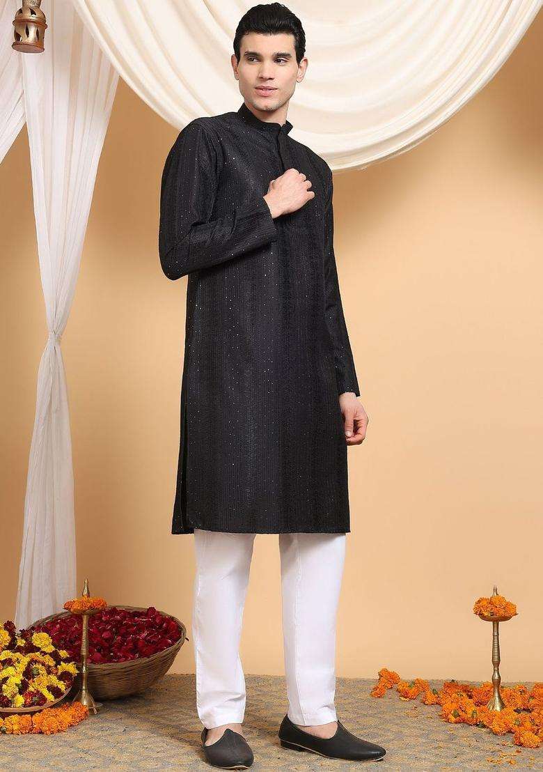 Black Self Design Viscose Kurta Set For Men - Indya