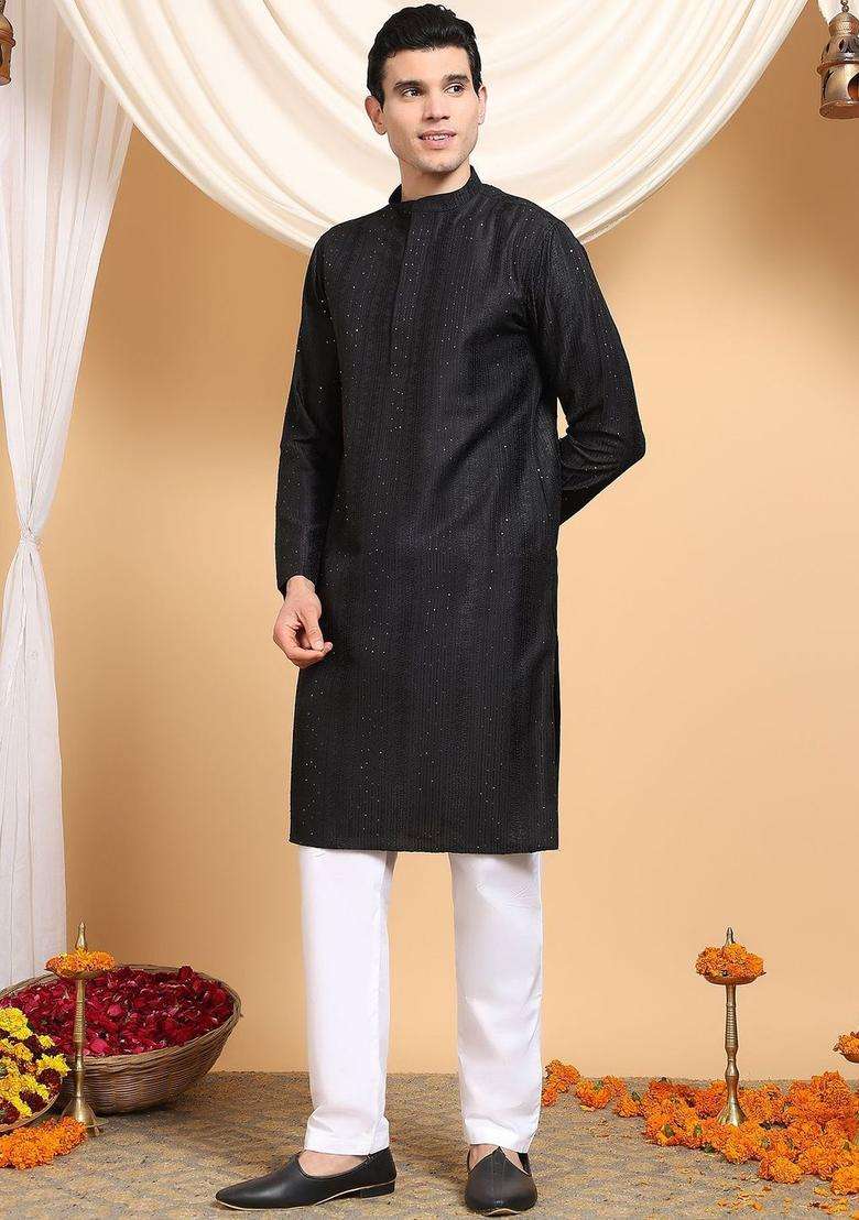Black Self Design Viscose Kurta Set For Men - Indya