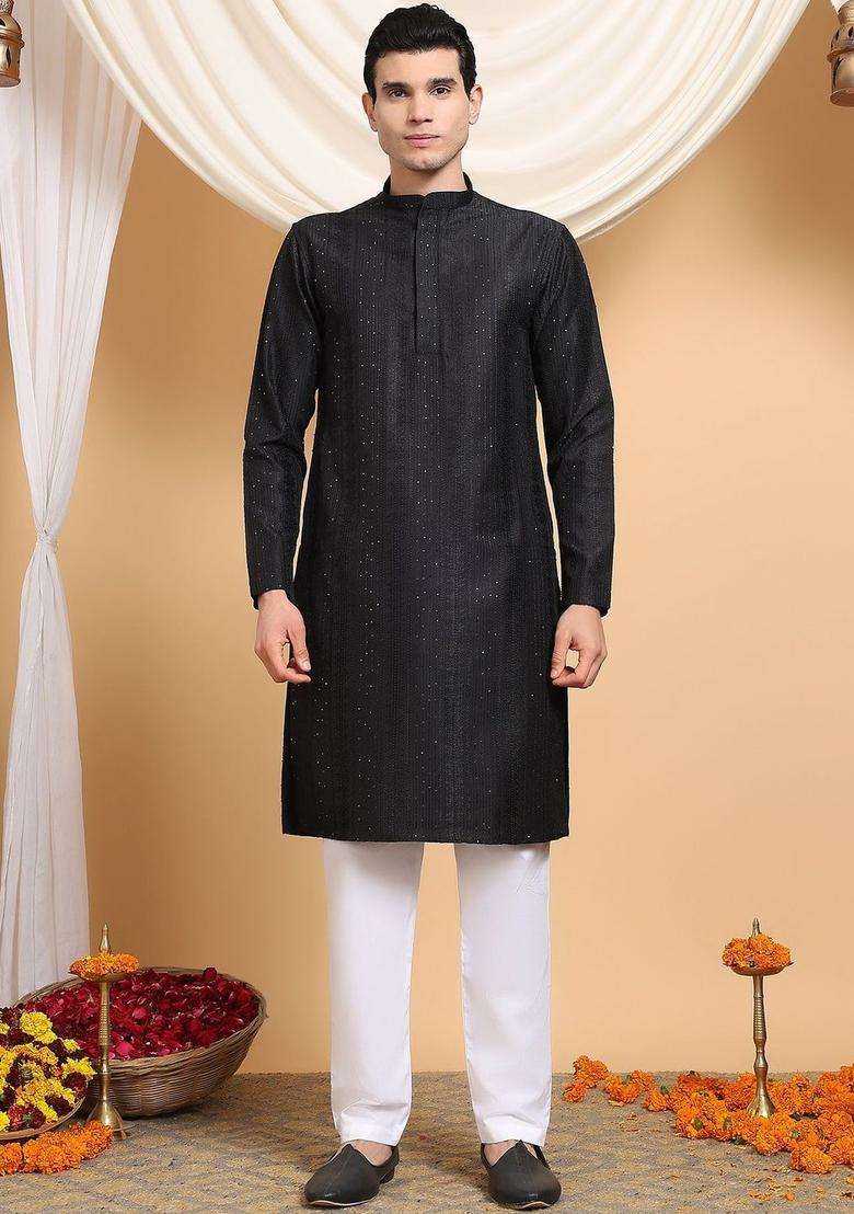 Black Self Design Viscose Kurta Set For Men - Indya