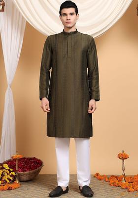 Olive Embroidered Viscose Kurta Set For Men