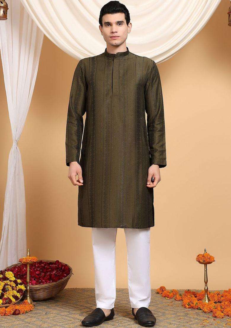 Olive Embroidered Viscose Kurta Set For Men - Indya