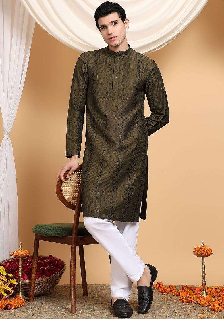 Olive Embroidered Viscose Kurta Set For Men - Indya
