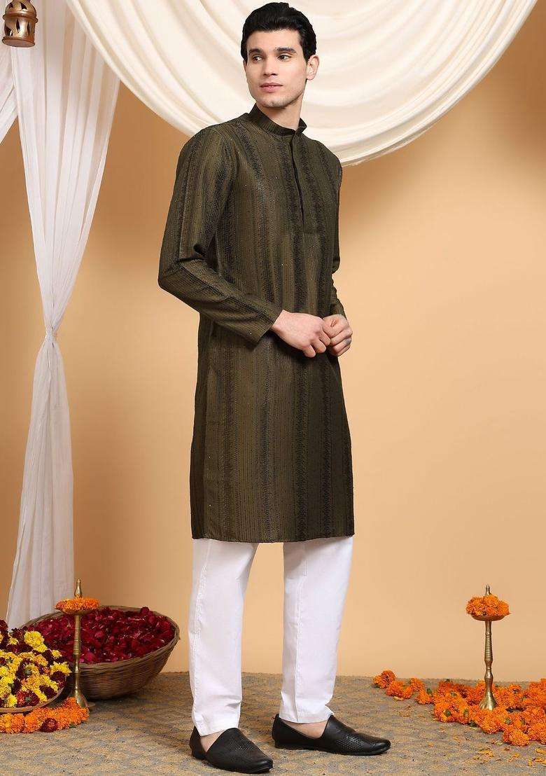 Olive Embroidered Viscose Kurta Set For Men - Indya