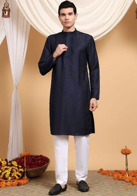 Navy Blue Embroidered Viscose Kurta Set For Men
