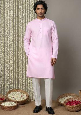 Pink Solid Cotton Kurta Set For Men