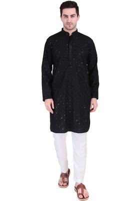 Black Embroidered Cotton Kurta Set For Men