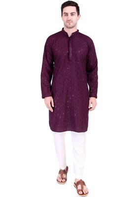 Purple Embroidered Cotton Kurta Set For Men