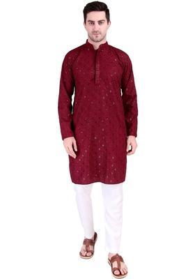 Maroon Embroidered Cotton Kurta Set For Men