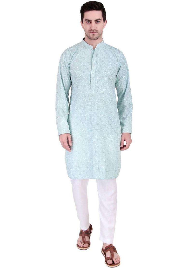 Turquoise Blue Embroidered Cotton Kurta Set For Men - Indya