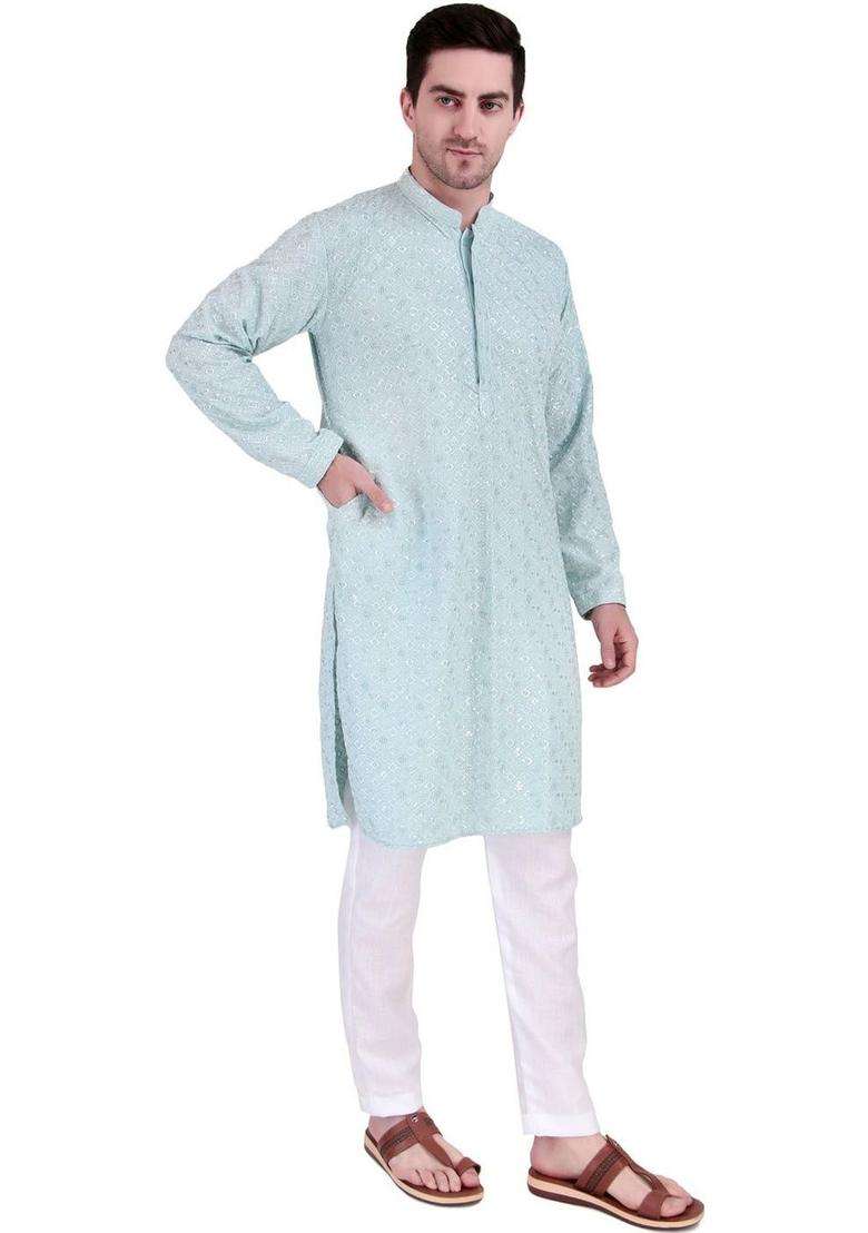 Turquoise Blue Embroidered Cotton Kurta Set For Men - Indya