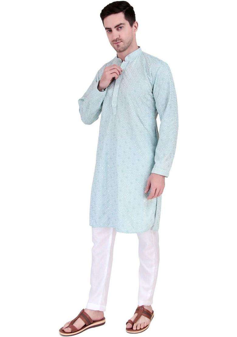 Turquoise Blue Embroidered Cotton Kurta Set For Men - Indya