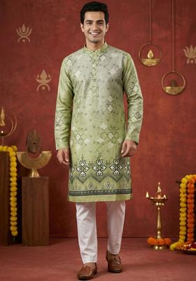 Lime Green Printed Cotton Kurta Set For Men