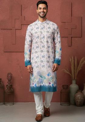 White Printed Cotton Kurta Set For Men