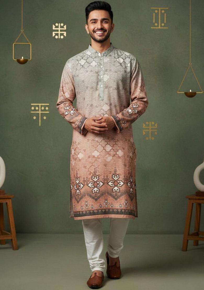 Multi Printed Cotton Kurta Set For Men - Indya