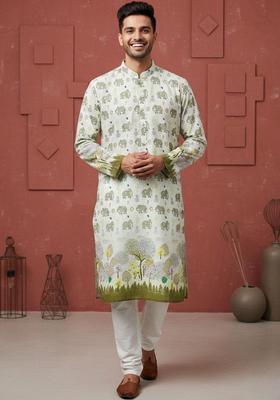 Off White Printed Cotton Kurta Set For Men