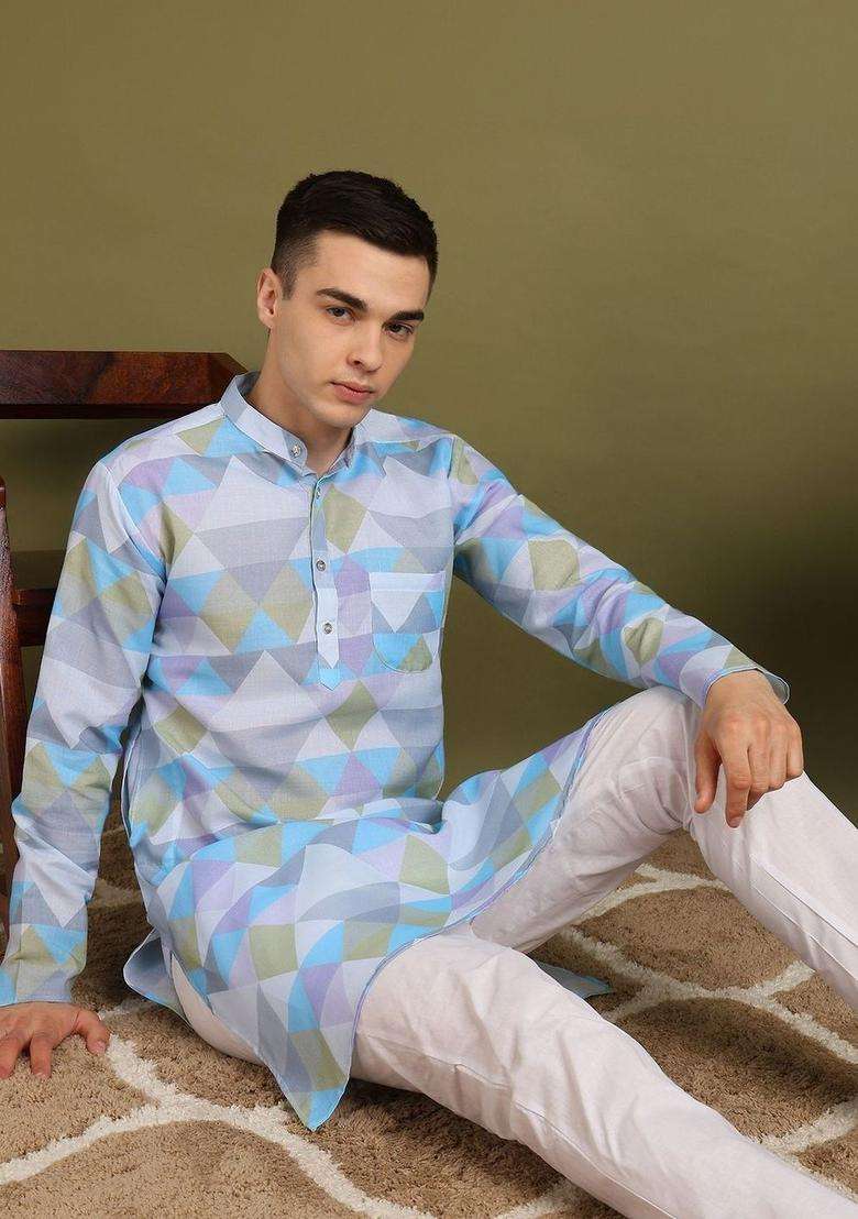 Multi Printed Cotton Kurta Set For Men - Indya