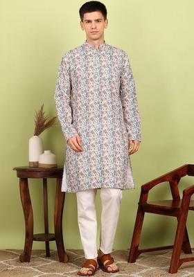 Off White Printed Cotton Kurta Set For Men