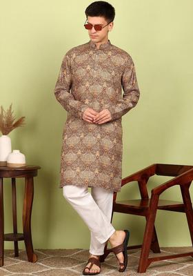 Brown Printed Cotton Kurta Set For Men