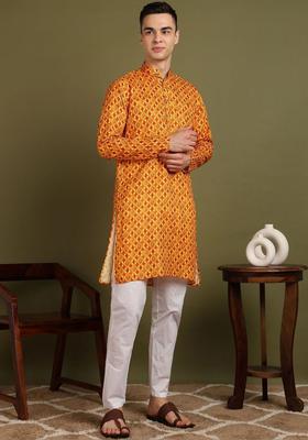 Orange Printed Cotton Kurta Set For Men
