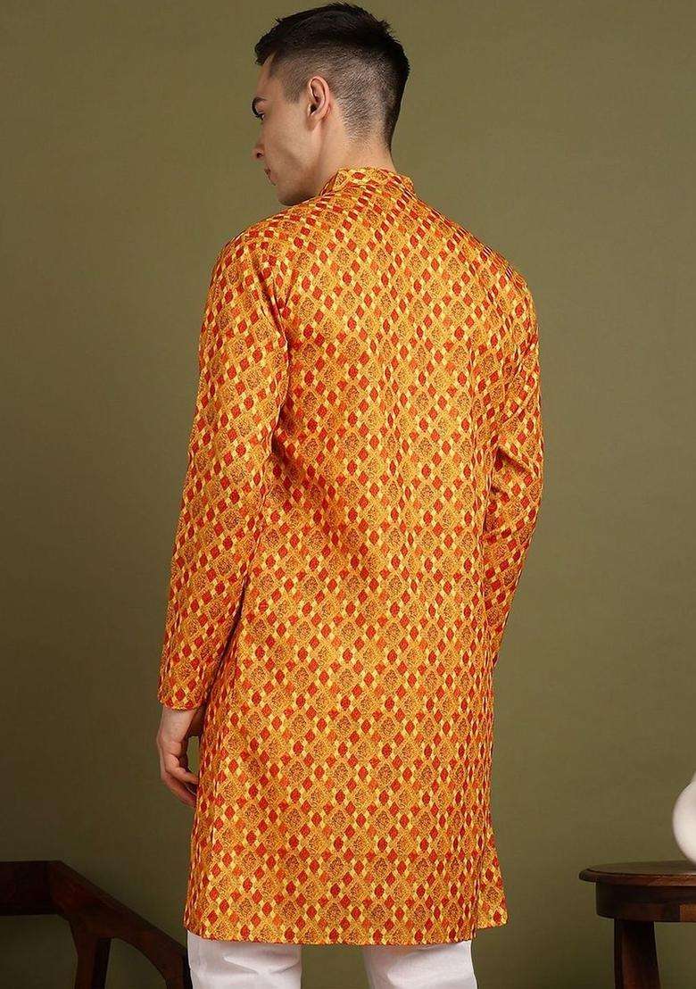 Orange Printed Cotton Kurta Set For Men - Indya
