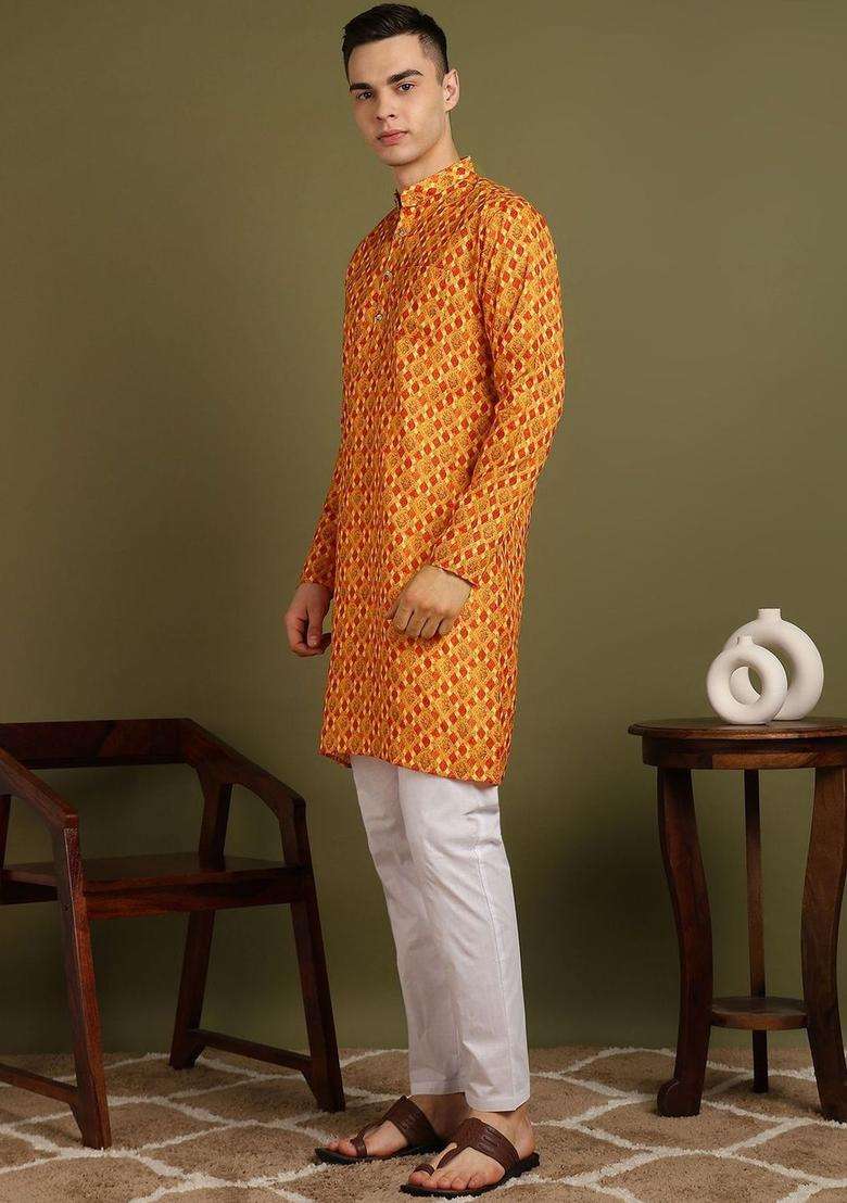 Orange Printed Cotton Kurta Set For Men - Indya