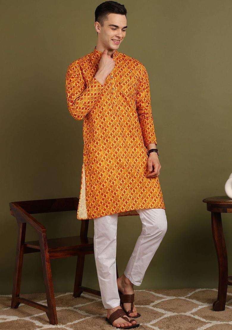 Orange Printed Cotton Kurta Set For Men - Indya