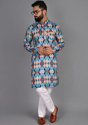 Multi Printed Cotton Kurta Set For Men