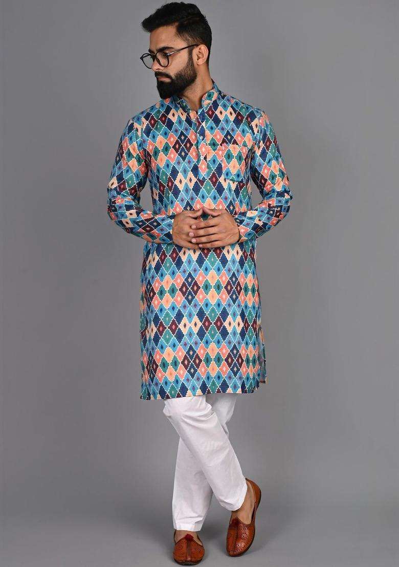 Multi Printed Cotton Kurta Set For Men - Indya