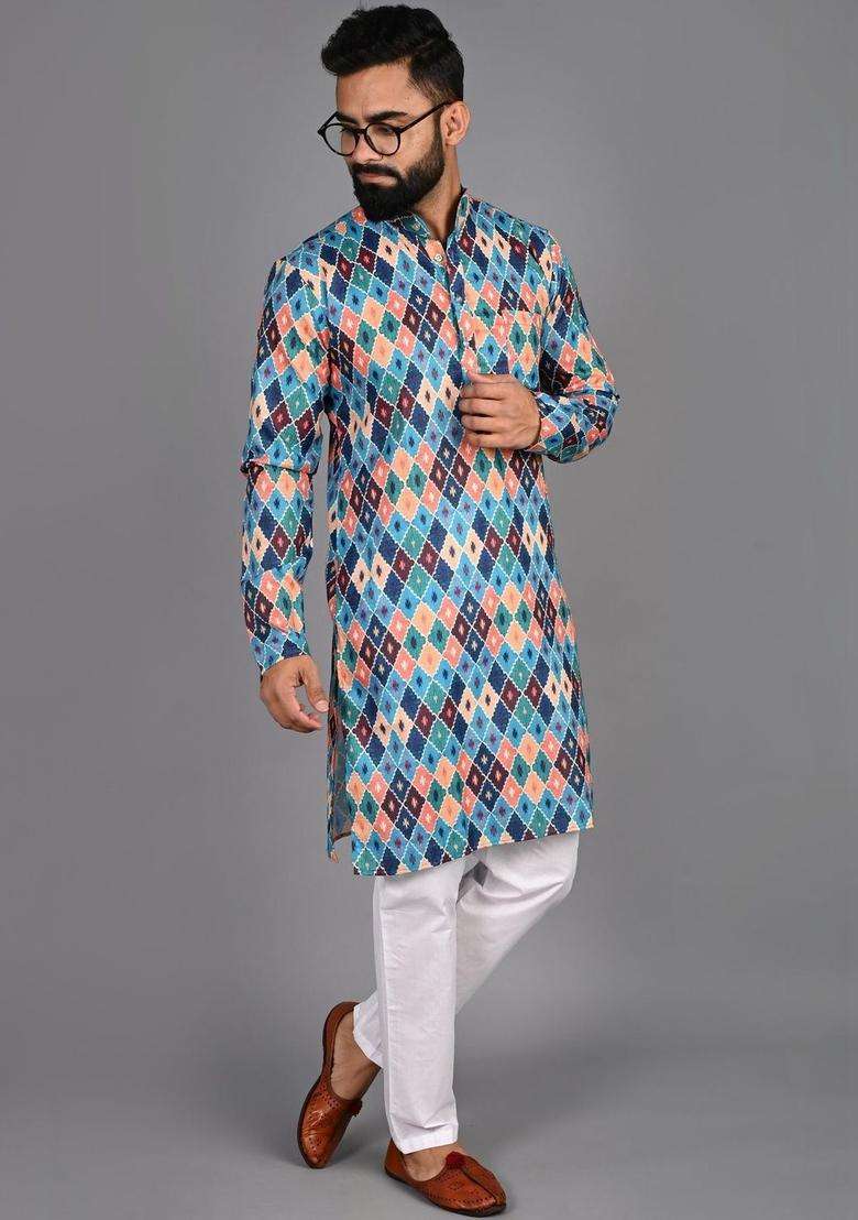 Multi Printed Cotton Kurta Set For Men - Indya