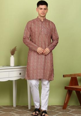Red Printed Cotton Kurta Set For Men