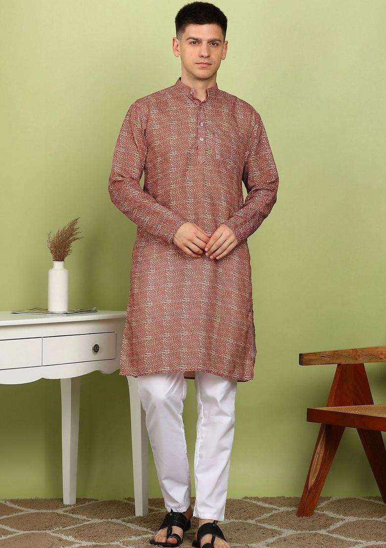 Red Printed Cotton Kurta Set For Men - Indya