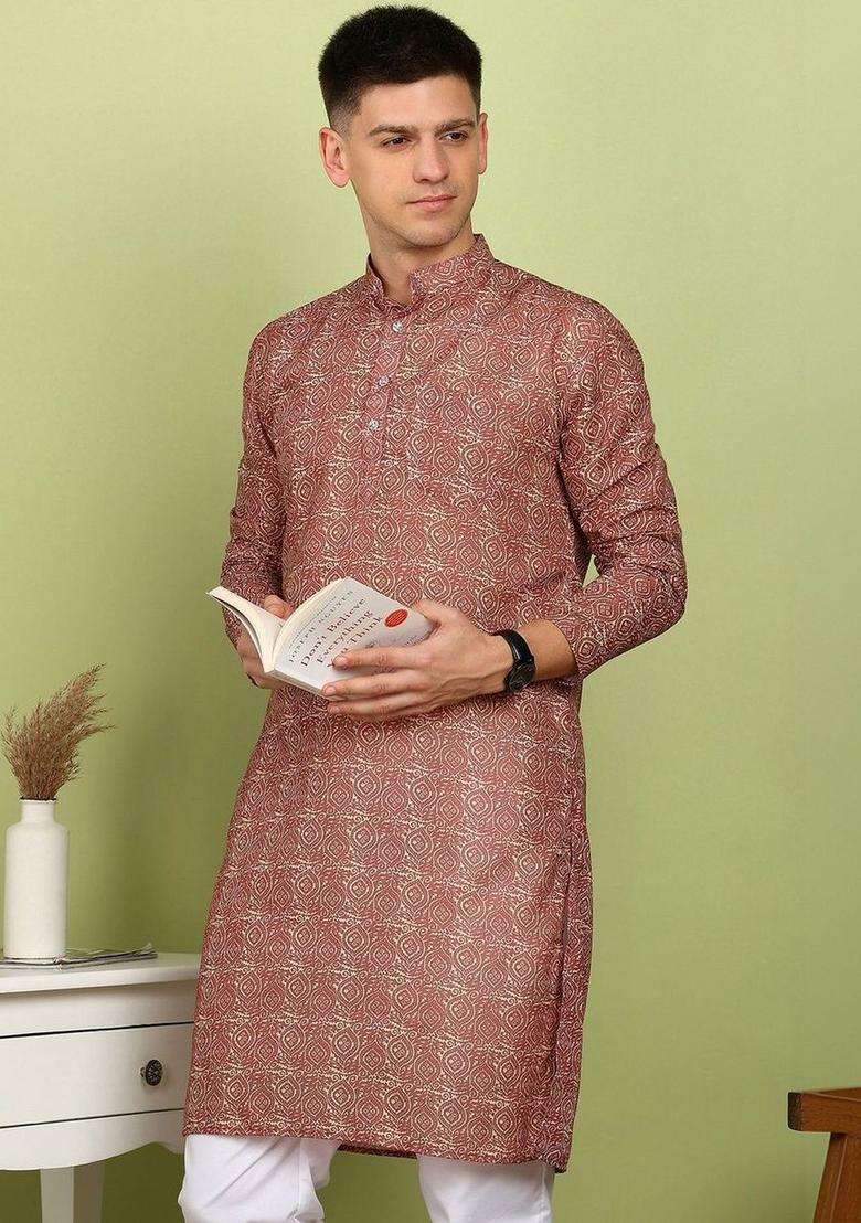 Red Printed Cotton Kurta Set For Men - Indya
