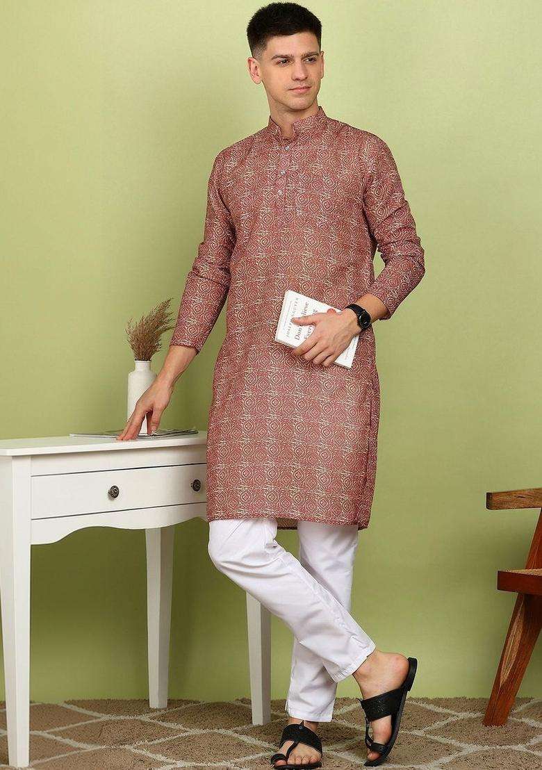 Red Printed Cotton Kurta Set For Men - Indya