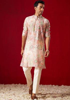 Beige Printed Cotton Kurta Set For Men