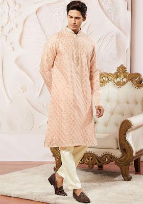 Peach Printed Silk Kurta Set For Men