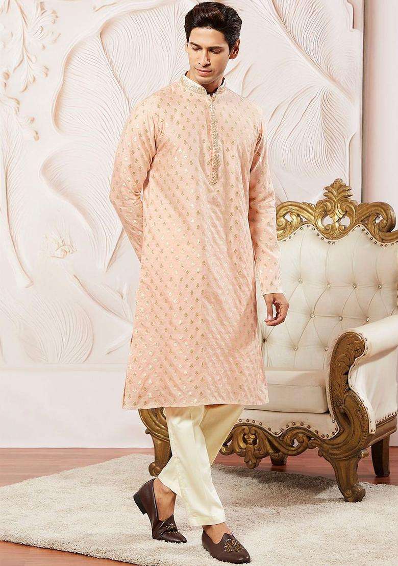 Peach Printed Silk Blend Kurta Set For Men - Indya