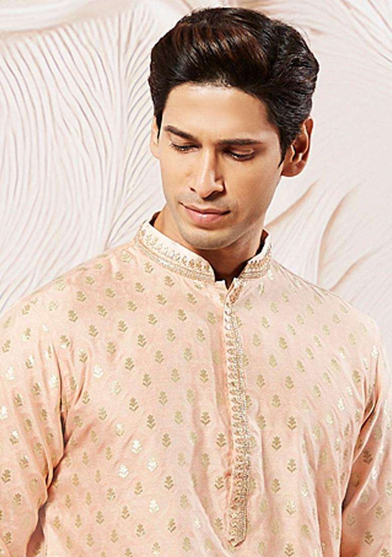 Peach Printed Silk Blend Kurta Set For Men - Indya