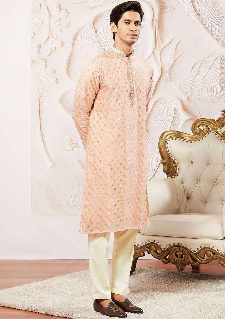 Peach Printed Silk Blend Kurta Set For Men - Indya