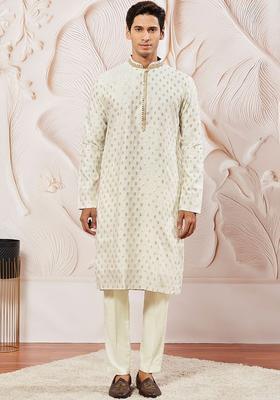 Off White Printed Silk Kurta Set For Men